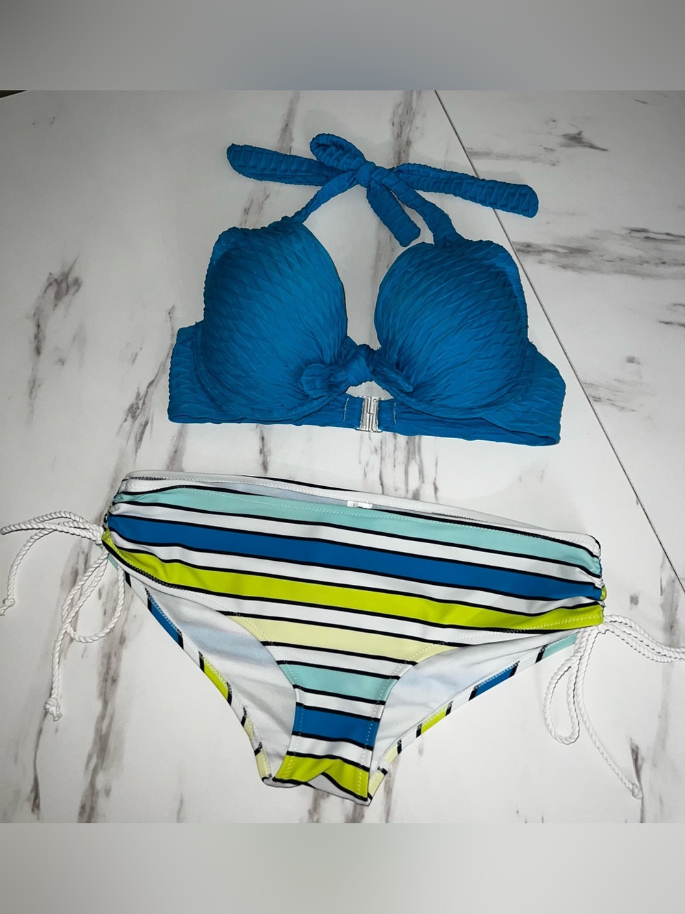 Mariemeili Blue Textured Halter Bikini Top Size 36C with Striped Bikini Bottom L